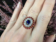 Load image into Gallery viewer, A Striking Mid-Century Sapphire, Diamond & Ruby Cluster Ring