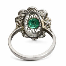 Load image into Gallery viewer, Edwardian Platinum Ring - 1.10ct Colombian Emerald & Old Cut Diamonds in an Intricate Filigree Setting