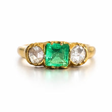 Load image into Gallery viewer, Antique Victorian Emerald & Diamond Trilogy Ring in 18K Yellow Gold