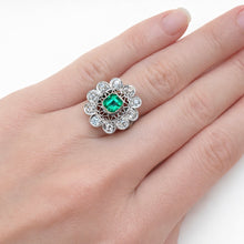 Load image into Gallery viewer, Edwardian Platinum Ring - 1.10ct Colombian Emerald & Old Cut Diamonds in an Intricate Filigree Setting