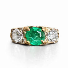 Load image into Gallery viewer, Vintage Emerald & Diamond Trilogy Ring in 14kt Yellow Gold