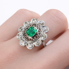 Load image into Gallery viewer, Edwardian Platinum Ring - 1.10ct Colombian Emerald & Old Cut Diamonds in an Intricate Filigree Setting