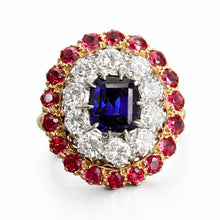 Load image into Gallery viewer, A Striking Mid-Century Sapphire, Diamond & Ruby Cluster Ring