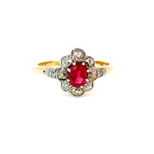 Load image into Gallery viewer, Antique Garnet & Old Mine Cut Diamond Cluster Ring – Platinum on 18kt Gold