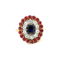 Load image into Gallery viewer, A Striking Mid-Century Sapphire, Diamond & Ruby Cluster Ring