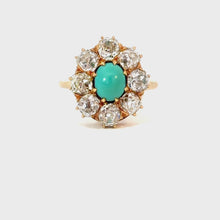 Load and play video in Gallery viewer, Antique Turquoise & Diamond Cluster Ring in 18kt Gold c.1890