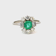 Load and play video in Gallery viewer, Vintage Colombian Emerald & Diamond Ring in 18k White Gold