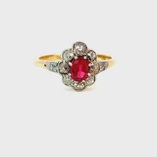 Load and play video in Gallery viewer, Antique Garnet & Old Mine Cut Diamond Cluster Ring – Platinum on 18kt Gold