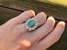 Load image into Gallery viewer, Edwardian Platinum Ring - 1.10ct Colombian Emerald &amp; Old Cut Diamonds in an Intricate Filigree Setting
