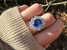 Load image into Gallery viewer, Rare 4.2ct GRS ‘Royal Blue’ Unheated Sri Lankan Sapphire &amp; 3ctw Diamond Halo Ring – 18K White Gold
