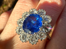 Load image into Gallery viewer, Rare 4.2ct GRS ‘Royal Blue’ Unheated Sri Lankan Sapphire &amp; 3ctw Diamond Halo Ring – 18K White Gold
