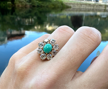 Load image into Gallery viewer, Antique Turquoise &amp; Diamond Cluster Ring in 18kt Gold c.1890

