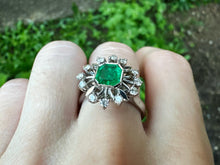 Load image into Gallery viewer, EMERALD AND DIAMOND FLORAL RING IN 18KT WHITE GOLD
