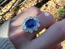 Load image into Gallery viewer, Rare 4.2ct GRS ‘Royal Blue’ Unheated Sri Lankan Sapphire &amp; 3ctw Diamond Halo Ring – 18K White Gold
