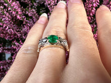 Load image into Gallery viewer, Vintage Emerald &amp; Diamond Trilogy Ring in 14kt Yellow Gold
