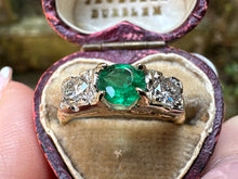 Load image into Gallery viewer, -RESERVED- VINTAGE EMERALD AND DIAMOND TRILOGY RING IN 14KT YELLOW GOLD
