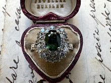 Last inn bildet i gallerivisningen, VINTAGE GREEN SAPPHIRE AND DIAMOND DOUBLE HALO RING
