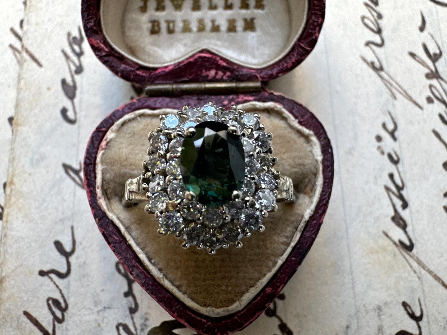 VINTAGE GREEN SAPPHIRE AND DIAMOND DOUBLE HALO RING