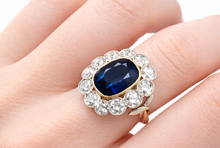 Load image into Gallery viewer, Edwardian Sapphire &amp; Diamond Cluster Ring – Antique Platinum &amp; Gold
