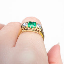 Load image into Gallery viewer, Antique Victorian Emerald &amp; Diamond Trilogy Ring in 18K Yellow Gold
