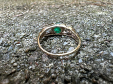 Load image into Gallery viewer, -RESERVED- VINTAGE EMERALD AND DIAMOND TRILOGY RING IN 14KT YELLOW GOLD
