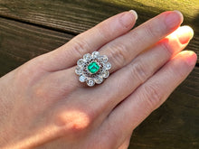 Load image into Gallery viewer, Edwardian Platinum Ring - 1.10ct Colombian Emerald &amp; Old Cut Diamonds in an Intricate Filigree Setting
