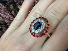 Load image into Gallery viewer, A Striking Mid-Century Sapphire, Diamond &amp; Ruby Cluster Ring
