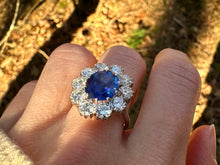 Load image into Gallery viewer, Rare 4.2ct GRS ‘Royal Blue’ Unheated Sri Lankan Sapphire &amp; 3ctw Diamond Halo Ring – 18K White Gold
