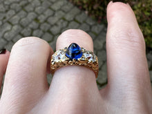 Load image into Gallery viewer, VICTORIAN SAPPHIRE AND DIAMOND TRILOGY RING IN 18KT YELLOW GOLD
