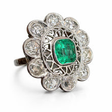 Load image into Gallery viewer, Edwardian Platinum Ring - 1.10ct Colombian Emerald &amp; Old Cut Diamonds in an Intricate Filigree Setting
