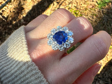 Load image into Gallery viewer, Rare 4.2ct GRS ‘Royal Blue’ Unheated Sri Lankan Sapphire &amp; 3ctw Diamond Halo Ring – 18K White Gold
