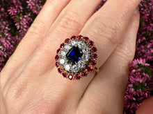 Load image into Gallery viewer, A Striking Mid-Century Sapphire, Diamond &amp; Ruby Cluster Ring
