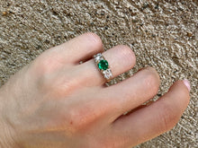 Load image into Gallery viewer, -RESERVED- VINTAGE EMERALD AND DIAMOND TRILOGY RING IN 14KT YELLOW GOLD
