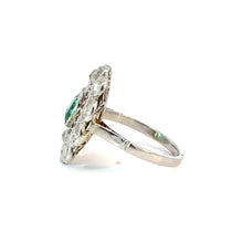 Load image into Gallery viewer, Edwardian Platinum Ring - 1.10ct Colombian Emerald &amp; Old Cut Diamonds in an Intricate Filigree Setting
