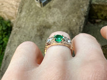 Load image into Gallery viewer, -RESERVED- VINTAGE EMERALD AND DIAMOND TRILOGY RING IN 14KT YELLOW GOLD
