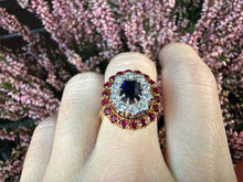 Load image into Gallery viewer, A Striking Mid-Century Sapphire, Diamond &amp; Ruby Cluster Ring
