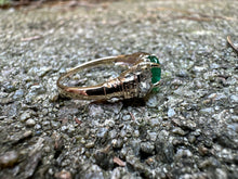 Load image into Gallery viewer, -RESERVED- VINTAGE EMERALD AND DIAMOND TRILOGY RING IN 14KT YELLOW GOLD
