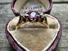 Load image into Gallery viewer, ANTIQUE RUBY AND DIAMOND TRILOGY RING IN 14KT YELLOW GOLD
