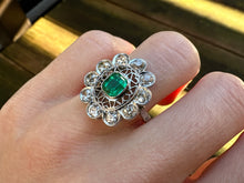 Load image into Gallery viewer, Edwardian Platinum Ring - 1.10ct Colombian Emerald &amp; Old Cut Diamonds in an Intricate Filigree Setting
