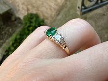 Load image into Gallery viewer, -RESERVED- VINTAGE EMERALD AND DIAMOND TRILOGY RING IN 14KT YELLOW GOLD
