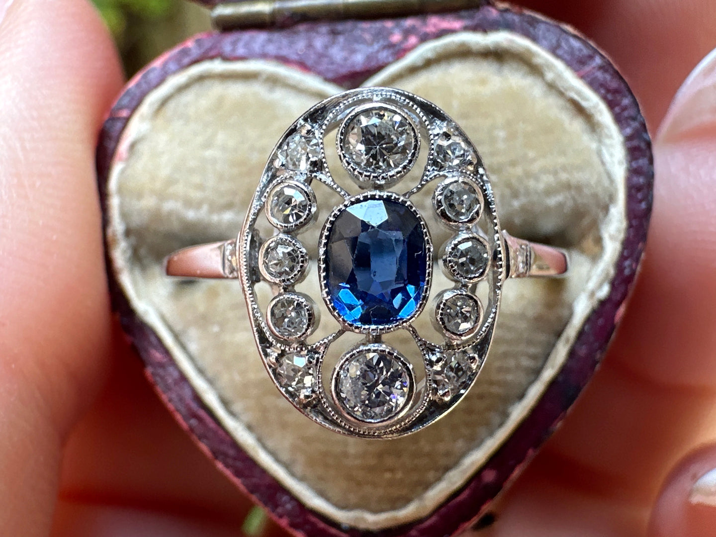 -RESERVED- ART DECO SAPPHIRE AND DIAMOND NAVETTE RING IN 18KT WHITE GOLD