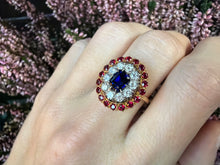 Load image into Gallery viewer, A Striking Mid-Century Sapphire, Diamond &amp; Ruby Cluster Ring
