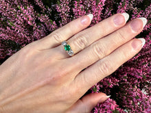 Load image into Gallery viewer, Vintage Emerald &amp; Diamond Trilogy Ring in 14kt Yellow Gold
