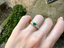 Load image into Gallery viewer, -RESERVED- VINTAGE EMERALD AND DIAMOND TRILOGY RING IN 14KT YELLOW GOLD
