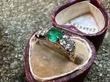 Load image into Gallery viewer, -RESERVED- VINTAGE EMERALD AND DIAMOND TRILOGY RING IN 14KT YELLOW GOLD
