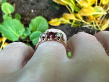 Load image into Gallery viewer, ANTIQUE RUBY AND DIAMOND TRILOGY RING IN 14KT YELLOW GOLD
