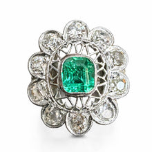 Load image into Gallery viewer, Edwardian Platinum Ring - 1.10ct Colombian Emerald &amp; Old Cut Diamonds in an Intricate Filigree Setting
