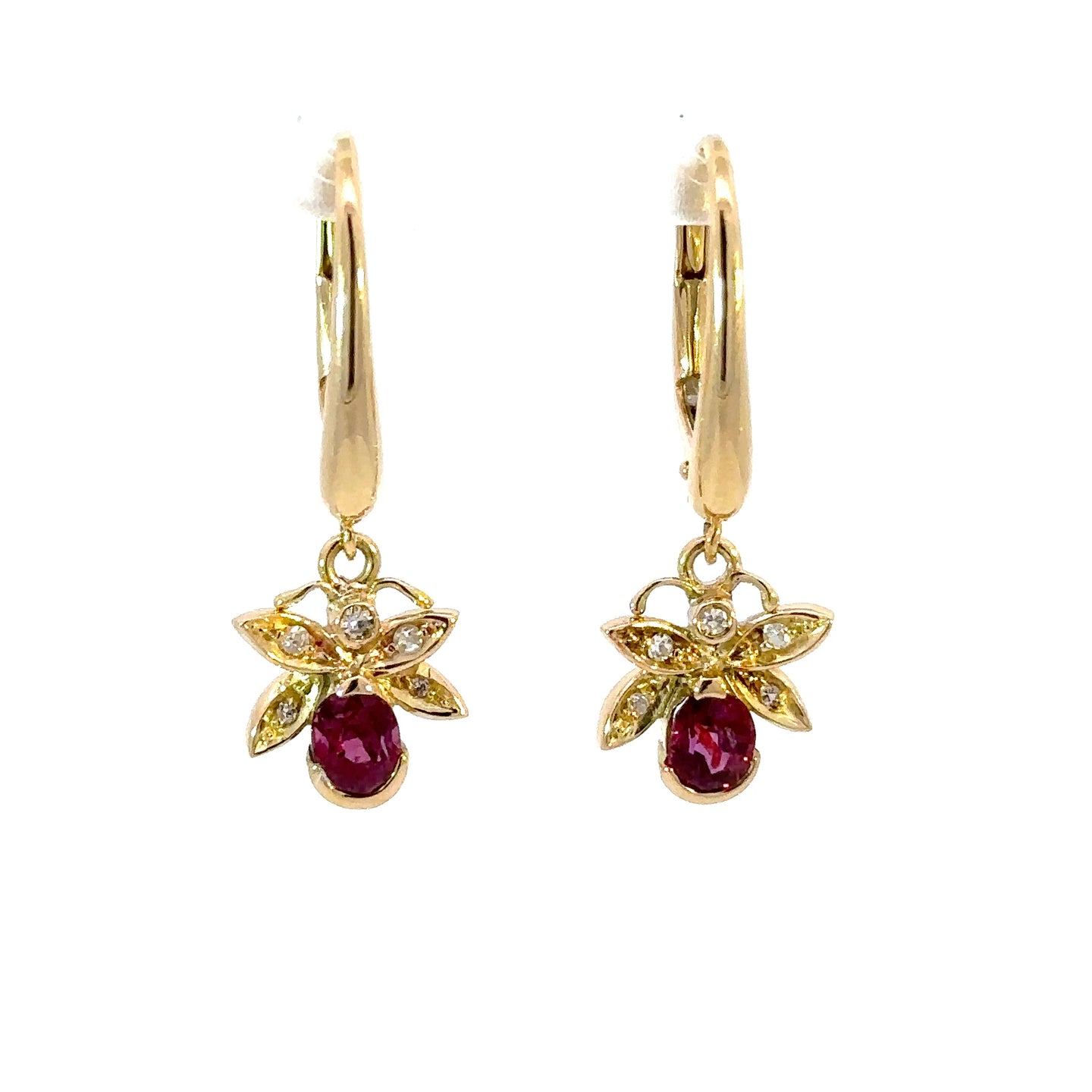 Vintage Natural Ruby and Diamond Butterfly Earrings - 14K Yellow Gold