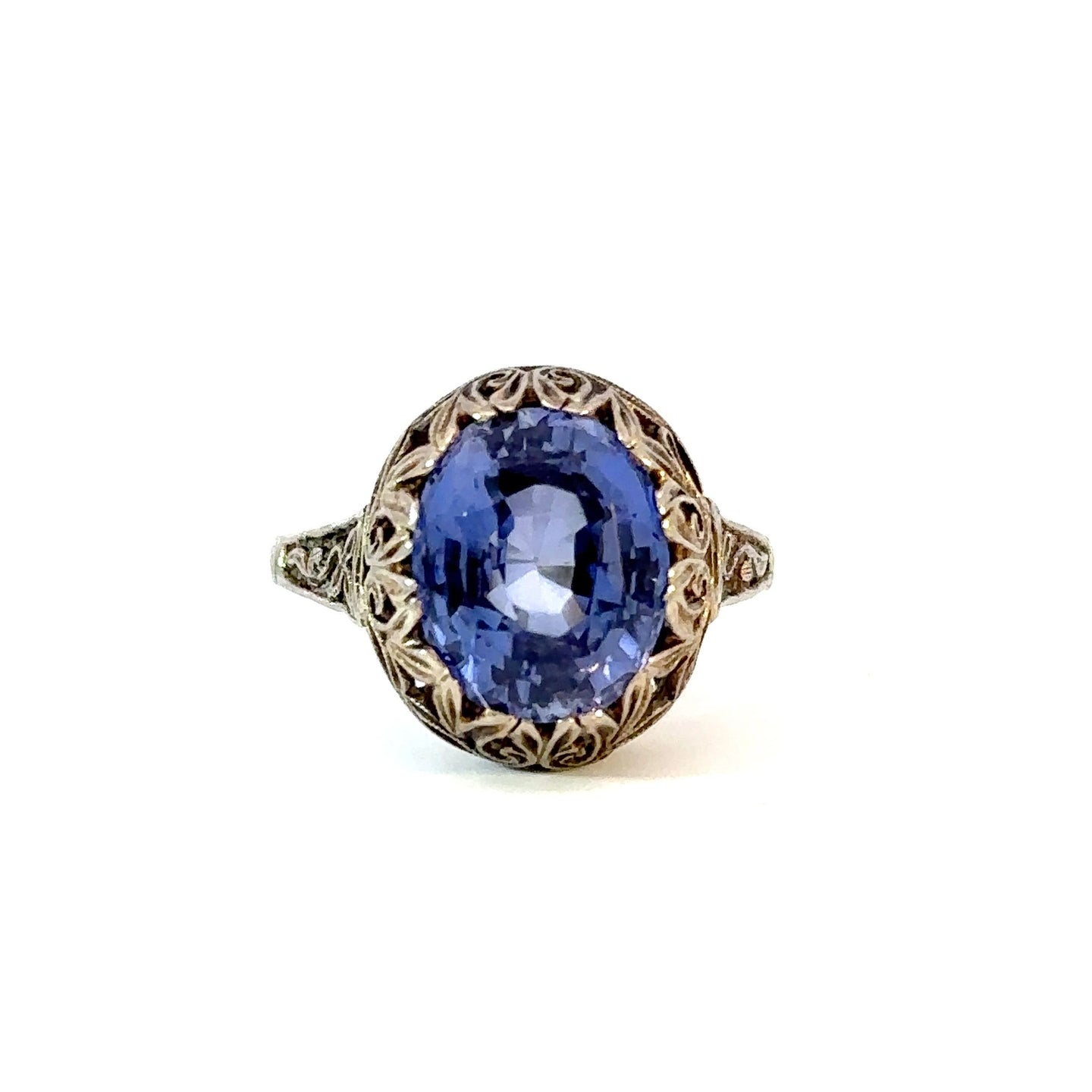 Antique Sapphire Filigree Ring in 18K White Gold