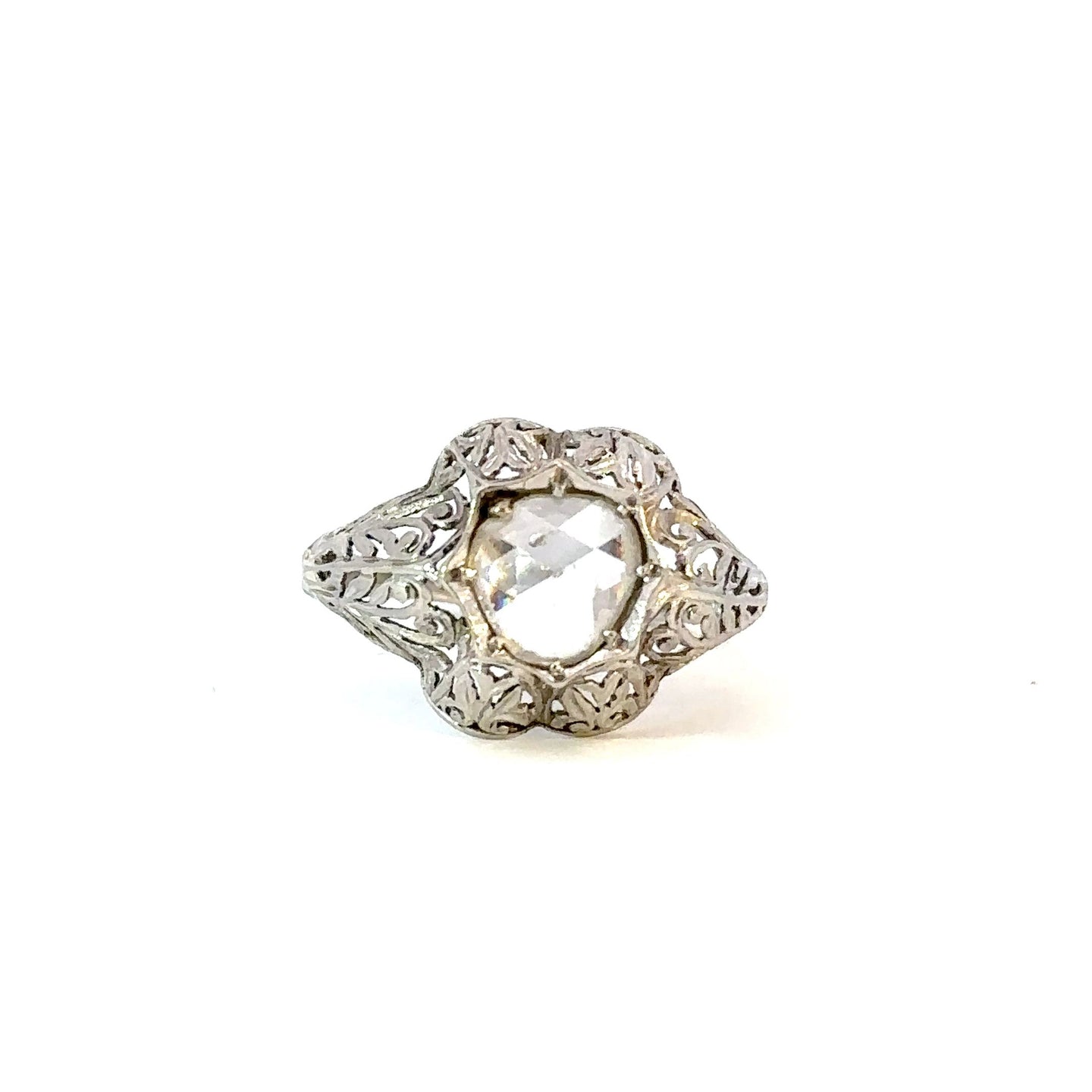 Early Art Deco 18K White Gold Filigree Ring – 1.10ct Rosecut Diamond